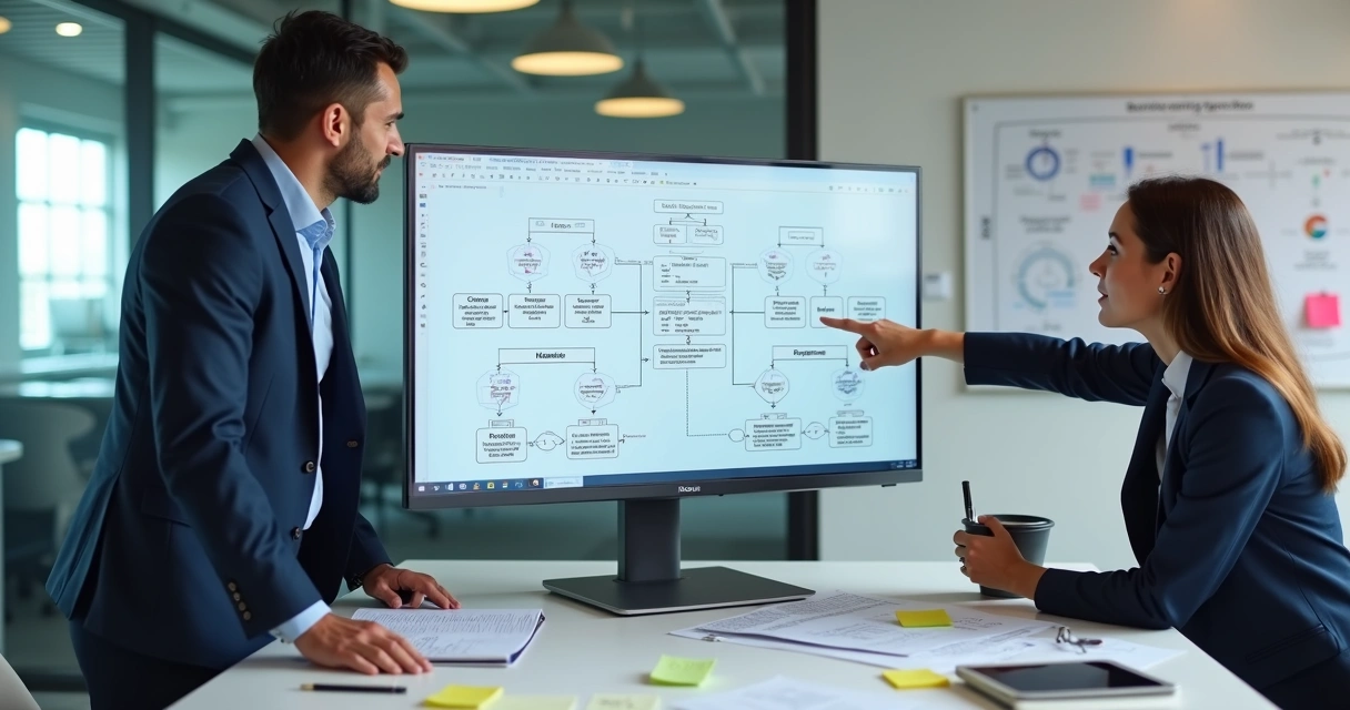 Equipe de tecnologia planejando sistema empresarial sob medida em computador grande 