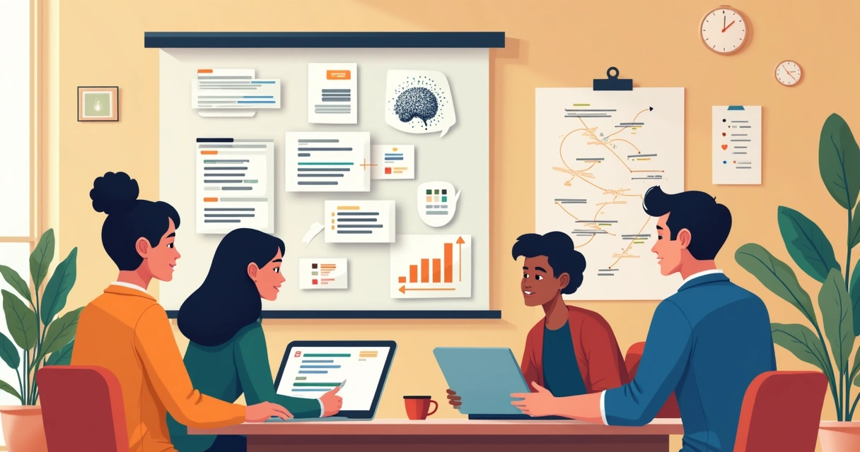 Equipe diversa colaborando em um projeto de software utilizando inteligência artificial