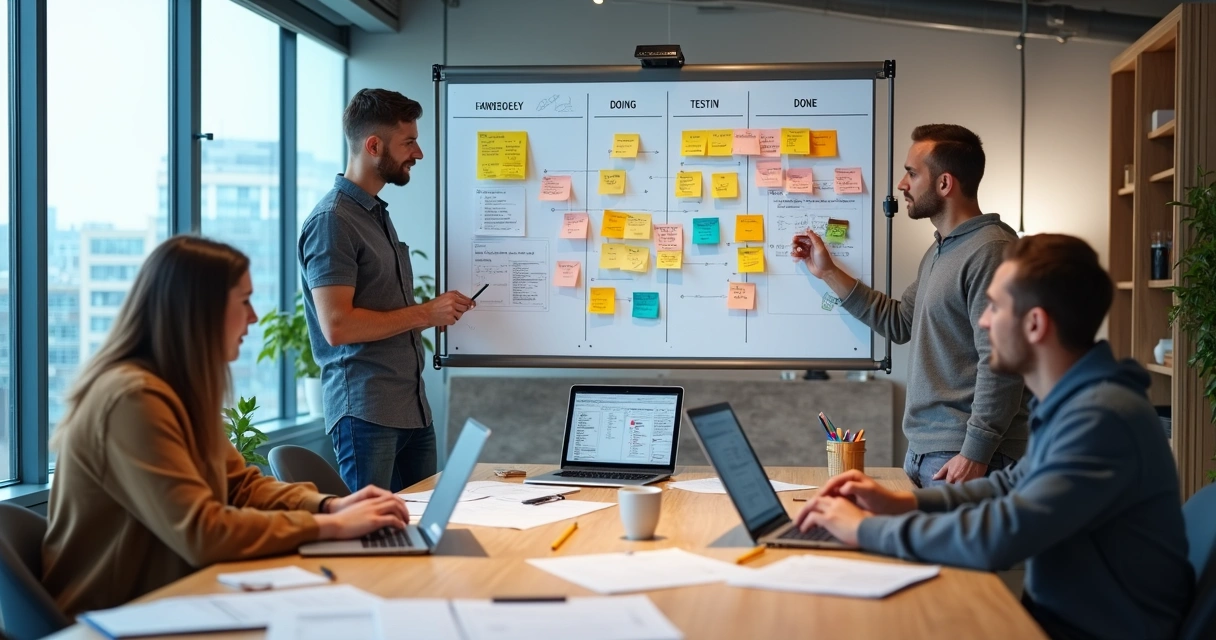 Equipe multidisciplinar colaborando em painel de kanban para criar software 