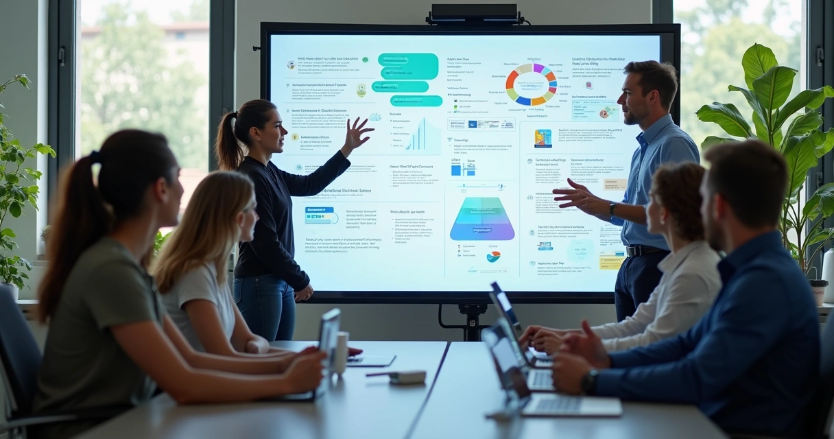 Equipe reunida usando IA para criar solução digital personalizada 