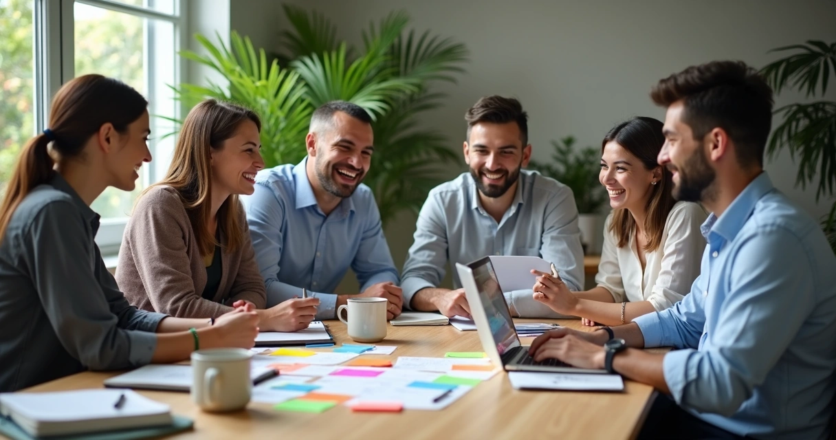 Equipe de marketing reunida em mesa de trabalho com notebooks e materiais de escritório 