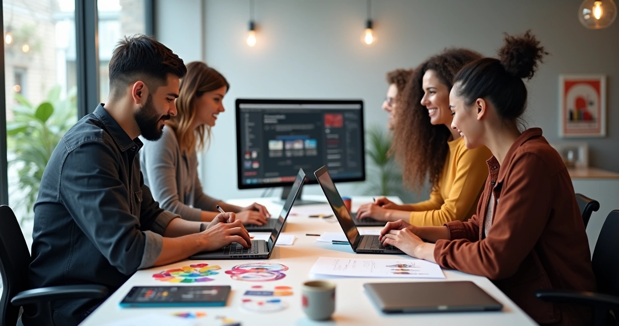 Equipe criativa trabalhando juntos em projetos de design digital 