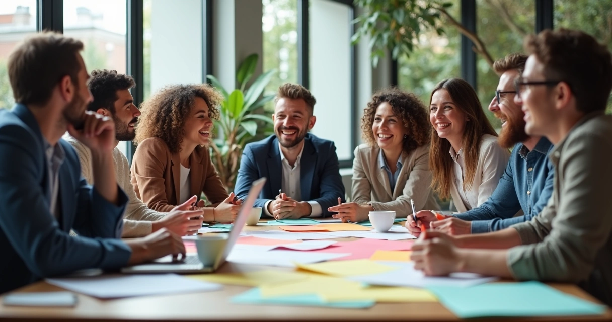 Equipe diversa de pessoas em reunião com expressões emocionais distintas 