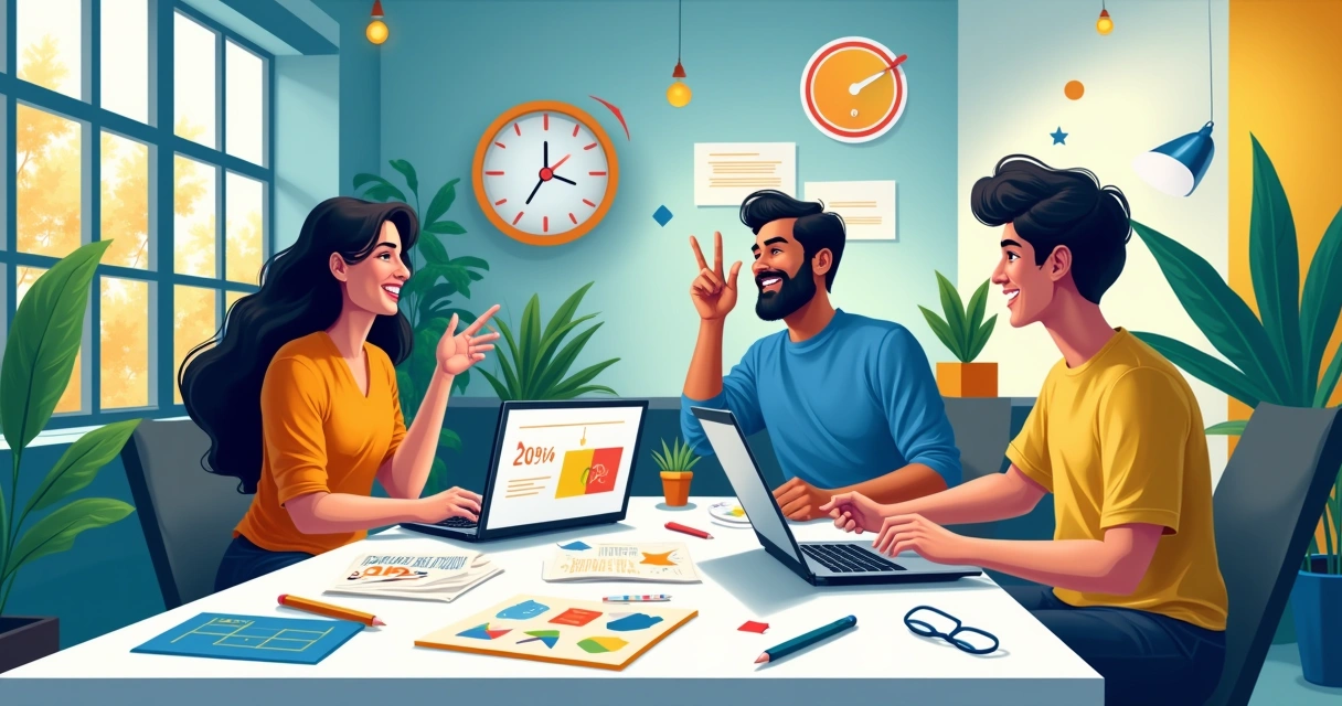 Equipa criativa colaborando em um escritório claro com design, mostrando idéias e materiais coloridos.