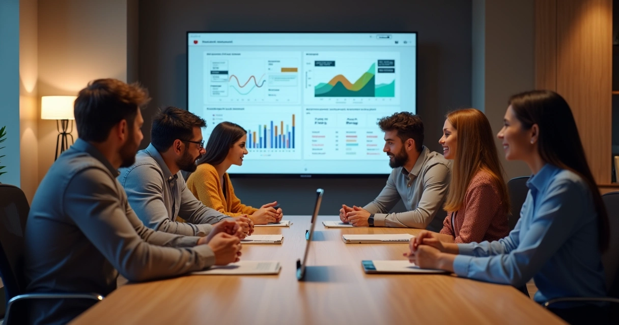 Equipe reunida em mesa de trabalho analisando gráficos digitais 