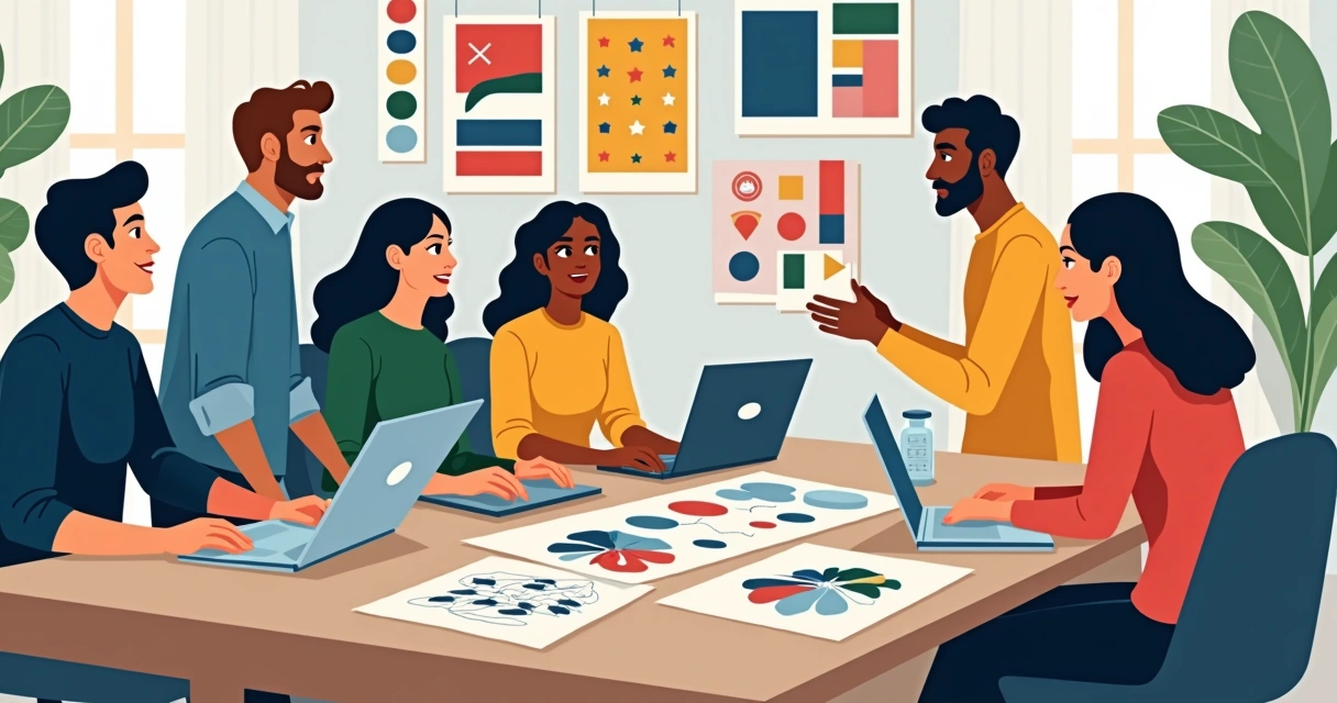 Equipe criativa desenvolvendo identidade visual em mesa de reunião 