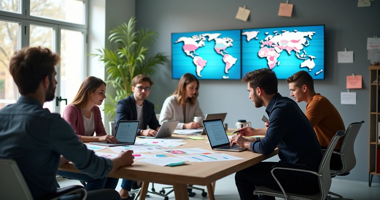 Equipe criativa reunida, analisando dados durante reunião de marketing digital 