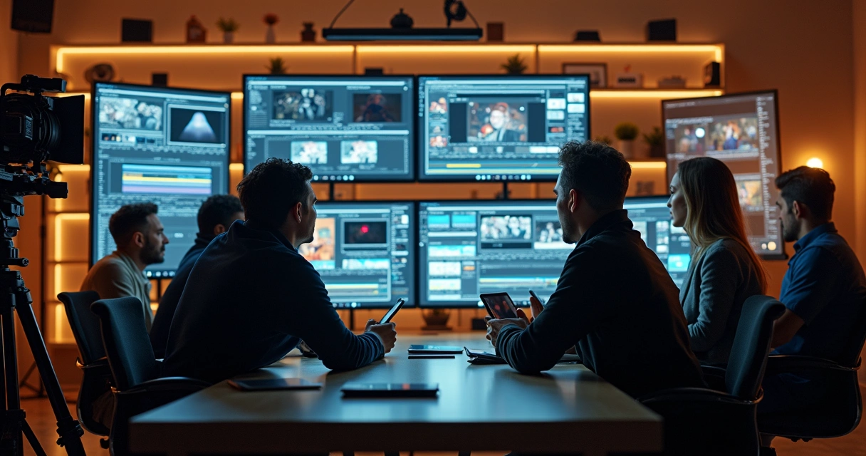Equipe criativa trabalhando em estúdio de produção de vídeo com telas e câmeras 