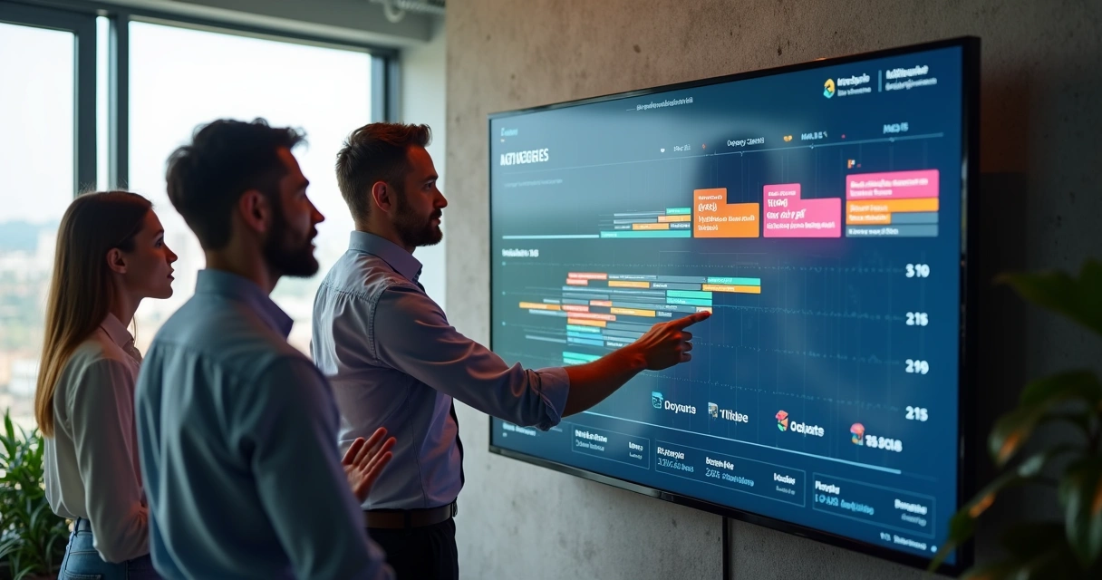 Equipe comercial reunida diante de tela de CRM com cadência de contatos 
