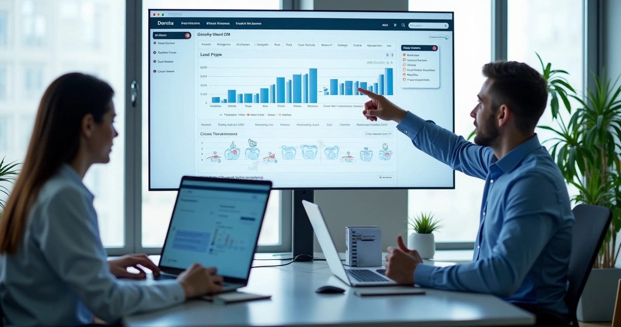 Equipe analisando CRM de clínica odontológica em tela grande 