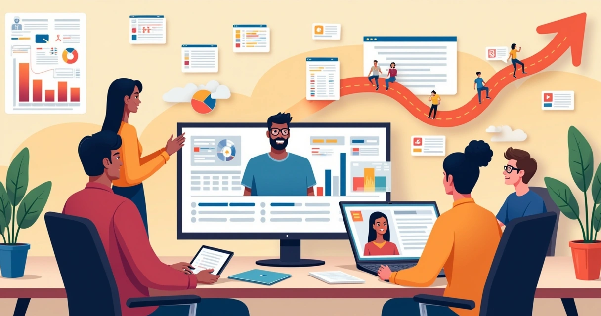 Equipe de atendimento ao cliente usando software de CRM em um escritório moderno, com gráficos e notas adesivas.