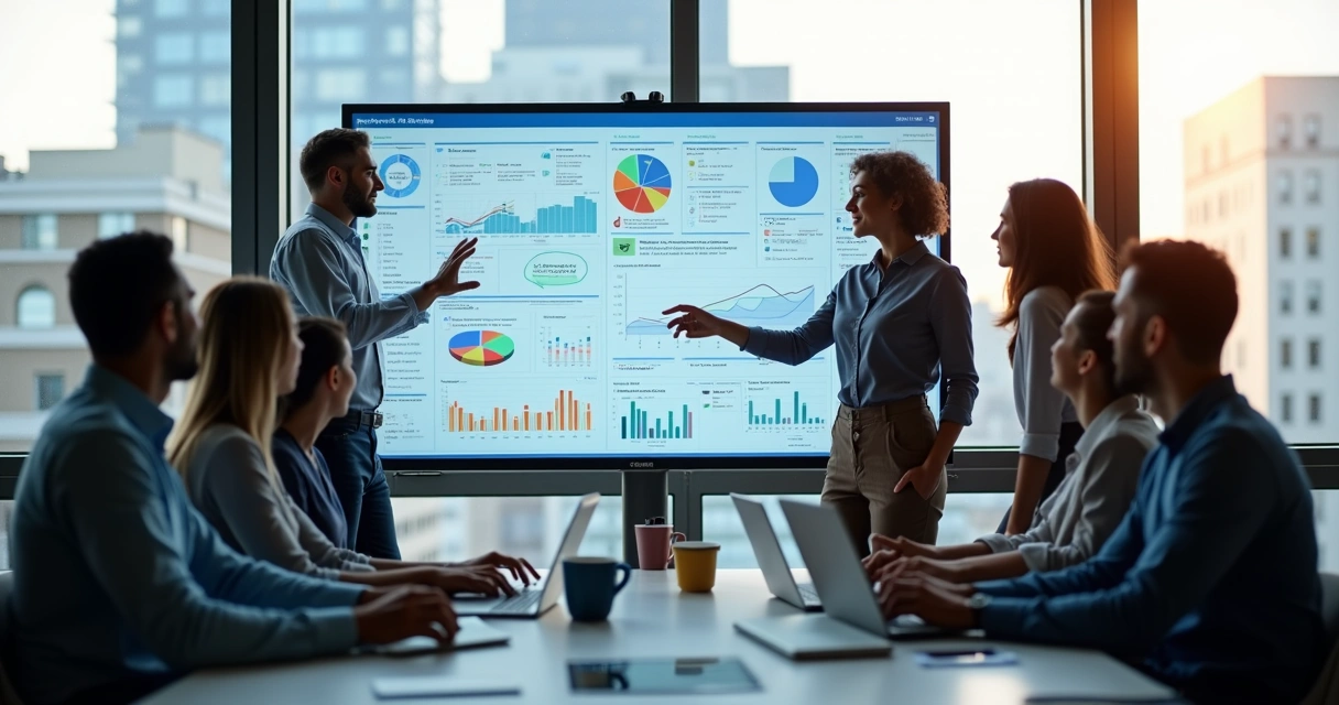 Equipe analisando dados de CRM em telas com gráficos e exemplos de perguntas de clientes em destaque 