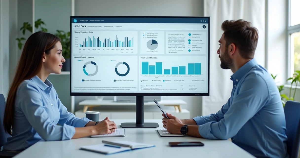 Equipe analisando CRM de clínica odontológica em escritório moderno 