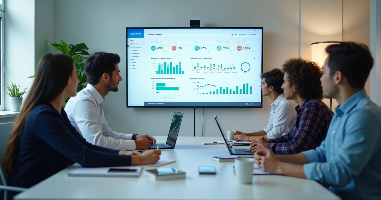 Equipe analisando CRM odontológico em tela grande 