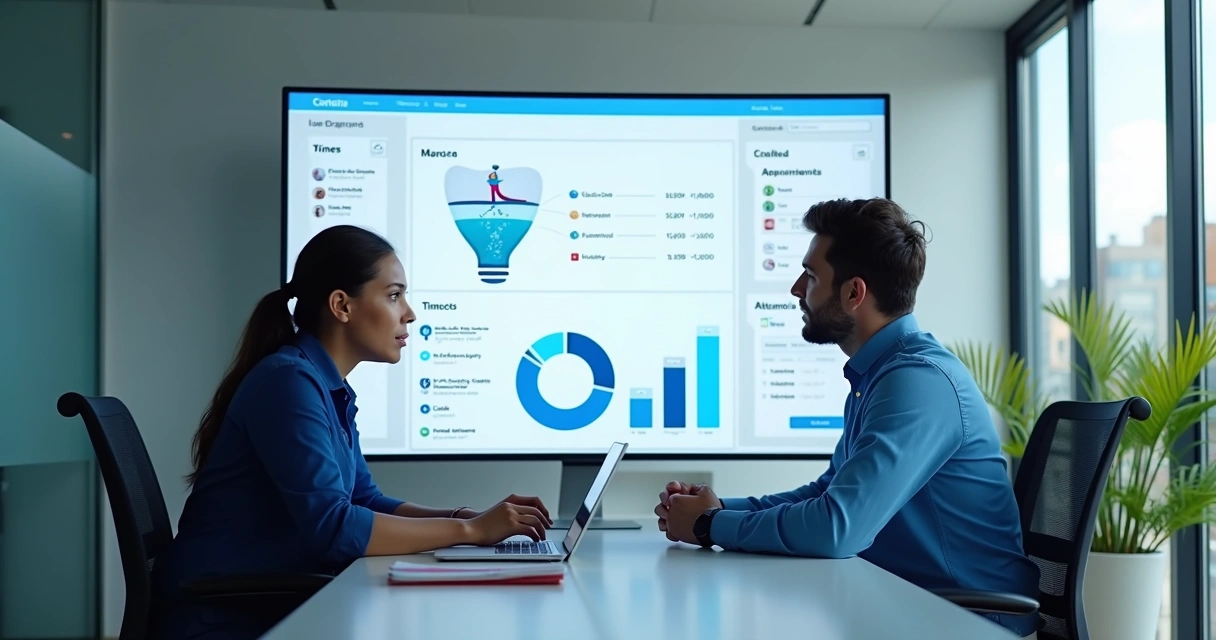 Equipe acompanhando CRM odontológico em tela grande 