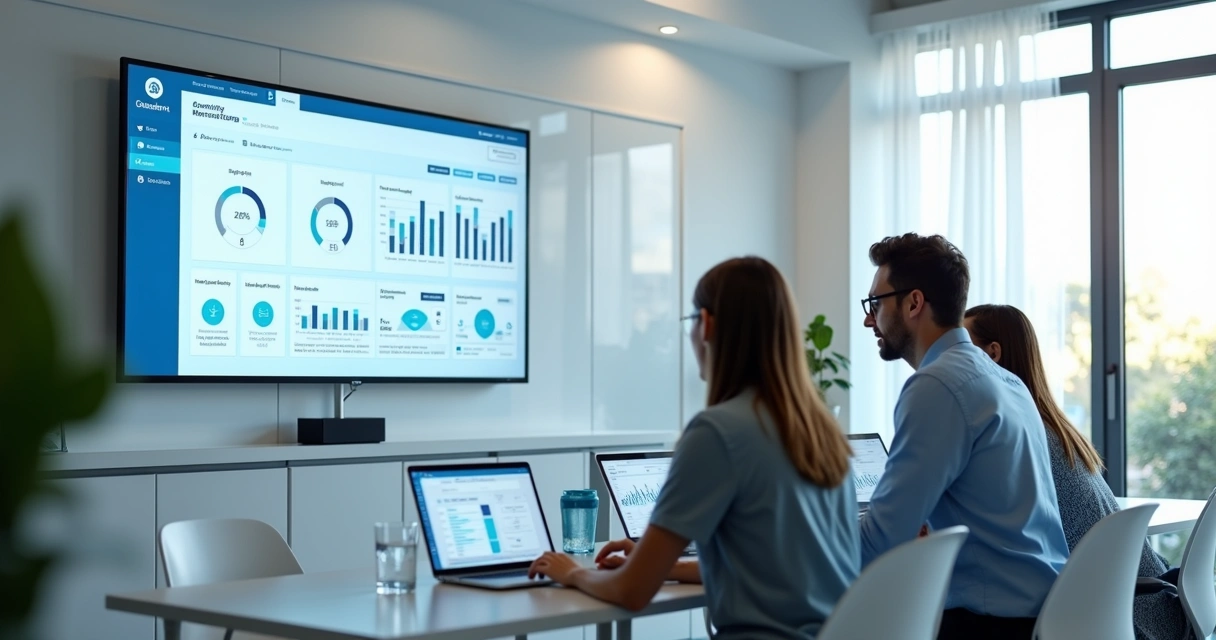 Equipe acompanhando CRM odontológico em tela grande