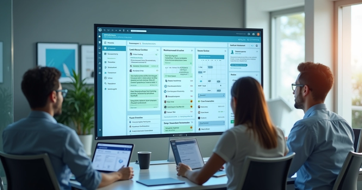 Equipe acompanhando CRM odontológico em tela grande 