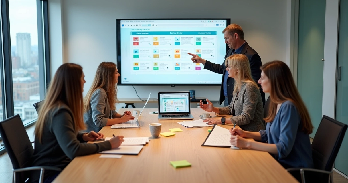 Equipe reunida compartilhando ideias sobre CRM em mesa de reunião 