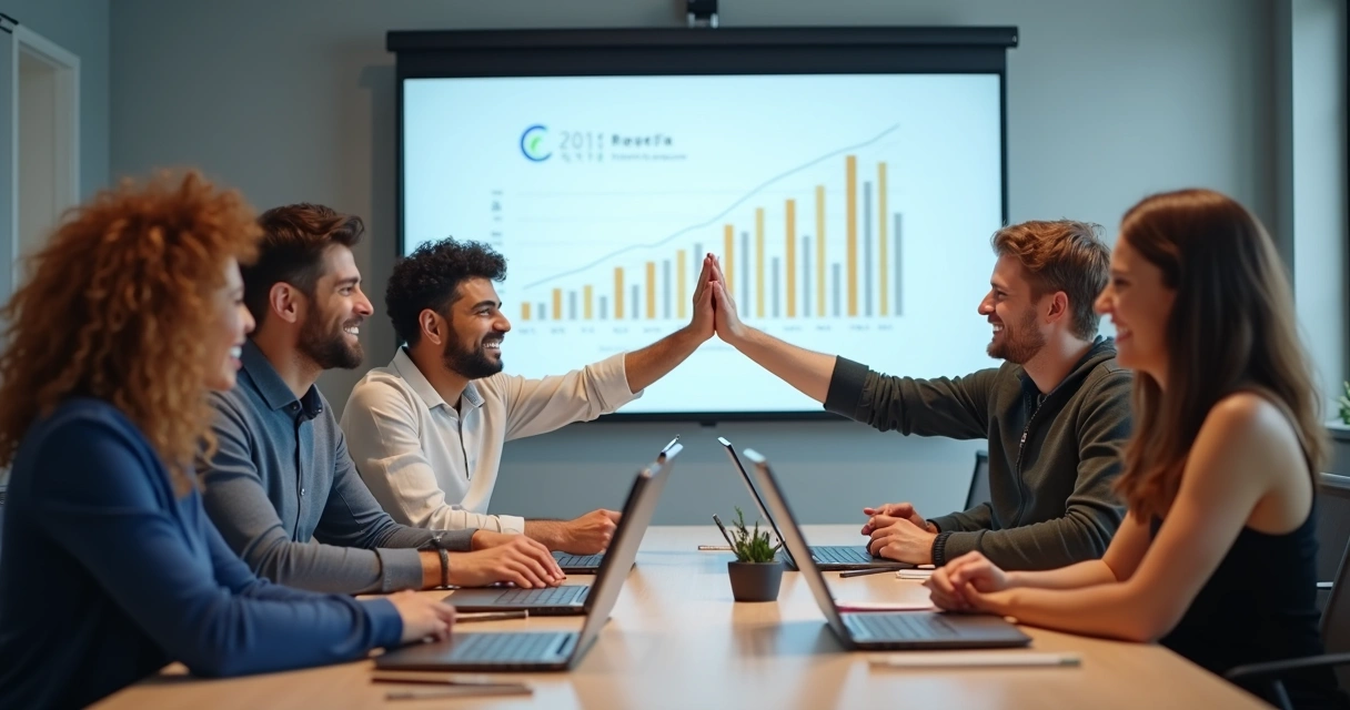 Equipe comemorando bons resultados após usar CRM personalizado 