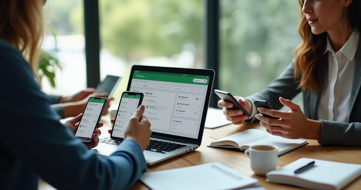 Equipe usando CRM e WhatsApp no computador e no celular 