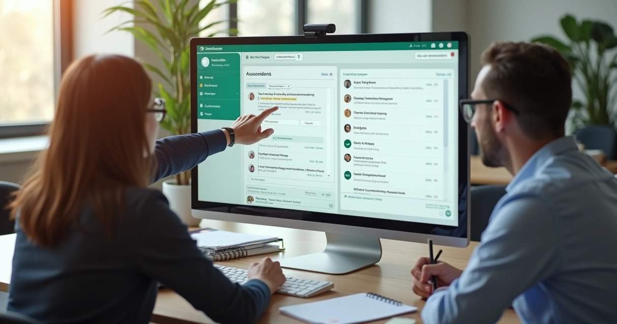 Equipe comercial consultando CRM com conversas do WhatsApp em tela