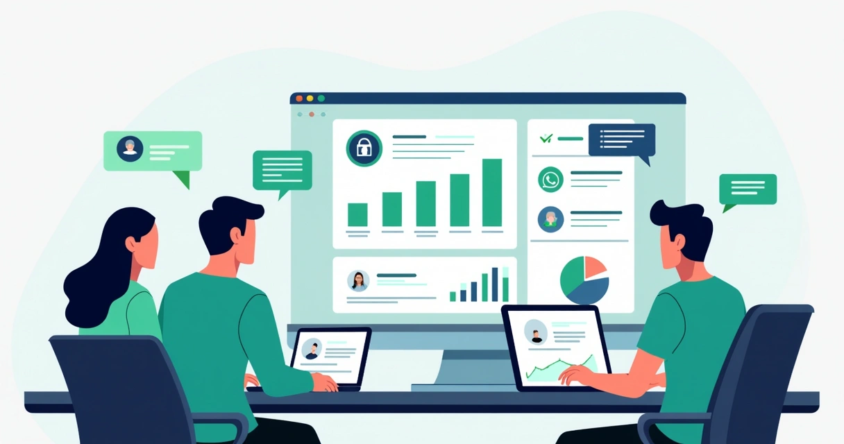 Equipe analisando CRM com indicadores de segurança e atendimento no WhatsApp 