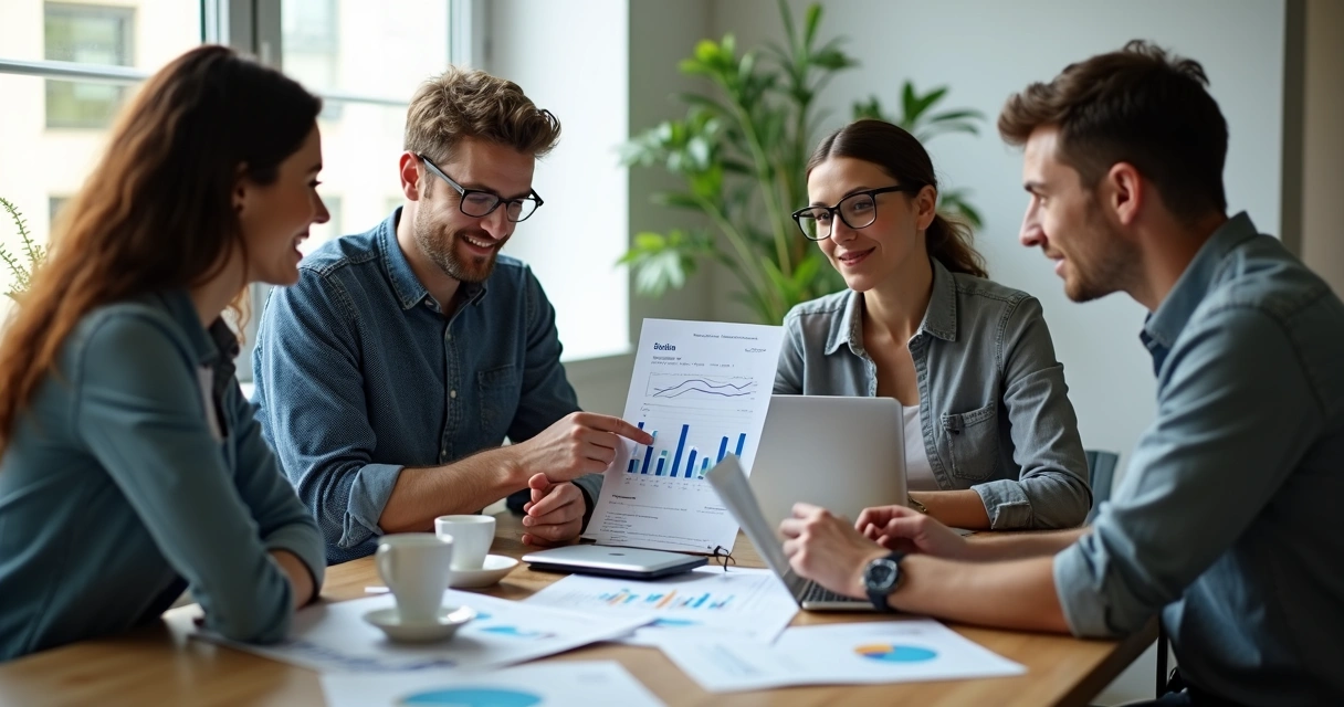 Equipe de customer success reunida ao redor de uma mesa analisando relatórios de clientes 