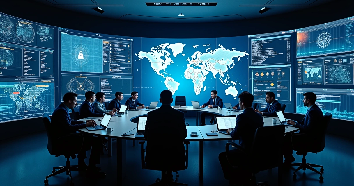 Equipe de CTI analisando ameaças cibernéticas em sala de guerra digital 