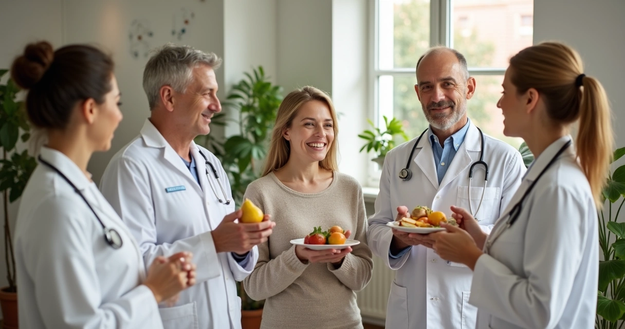 Equipe multidisciplinar com terapeuta, médico, nutricionista e paciente sorrindo 