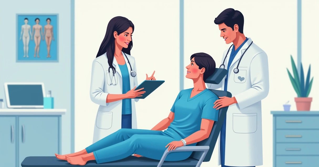 Ilustração de equipe avaliando recuperação corporal em clínica moderna