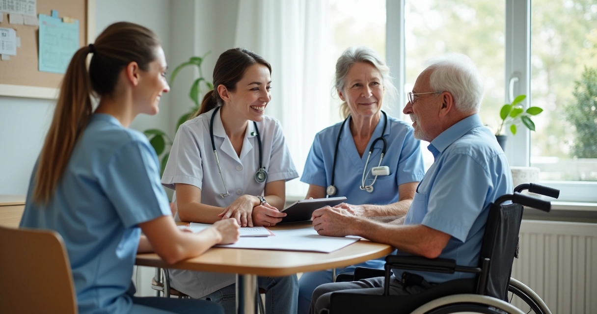 Equipe multidisciplinar cuidando de idoso em ILPI 