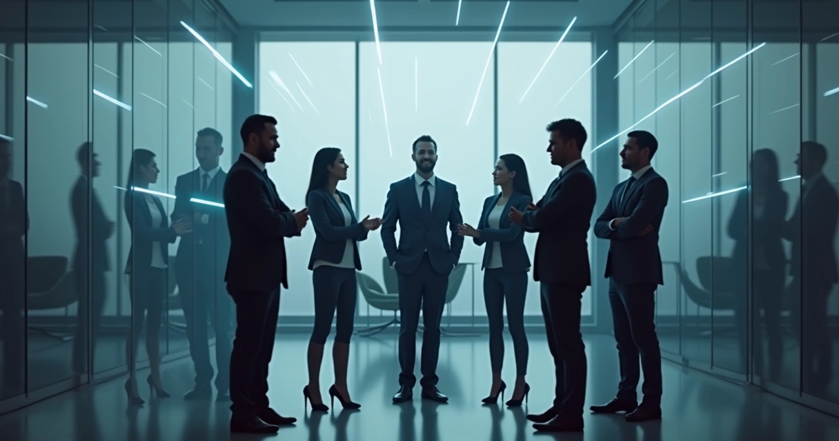 Grupo de profissionais em ambiente corporativo moderno, demonstrando interação e conexão. 