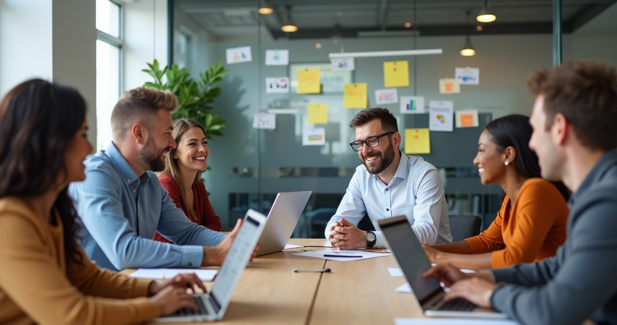 Equipe de customer success reunida ao redor de uma mesa, analisando dados em laptops e sorrindo. 