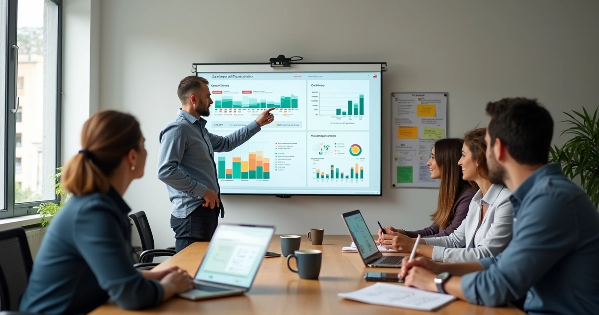 Equipe de customer success analisando painel de clientes em sistema de gestão 