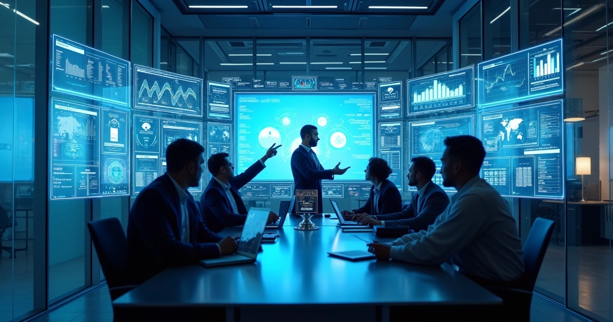 Equipe analisando dados em telas grandes com gráficos e fluxos de automação 