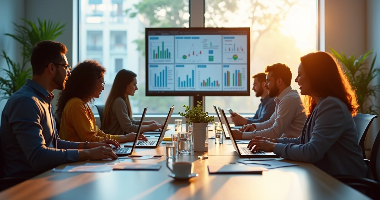Equipe reunida ao redor de uma mesa com laptops, analisando gráficos e brainstorm