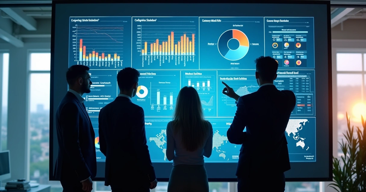 Equipe reunida em frente a dashboard de dados em monitor grande