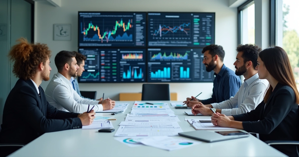 Equipe trabalhando com planilhas de dados e gráficos na tela do computador 