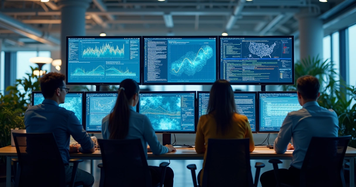 Equipe de especialistas em dados e IA trabalhando juntos em computadores modernos 