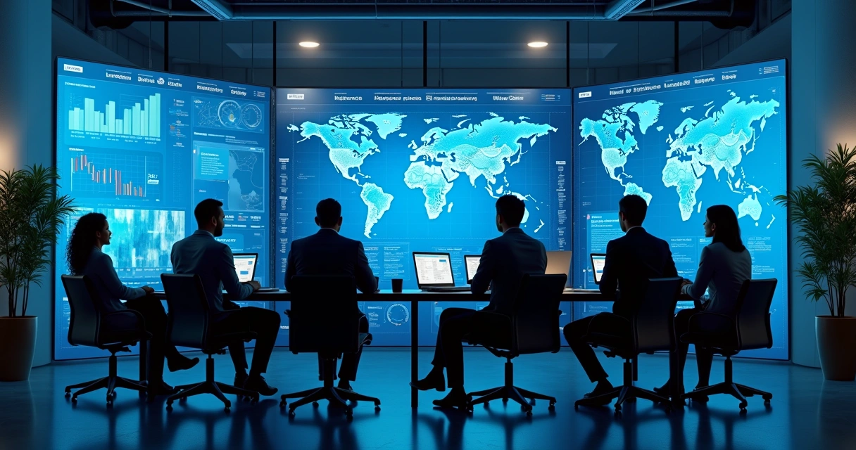 Equipe analisando dados do LinkedIn em telas grandes 