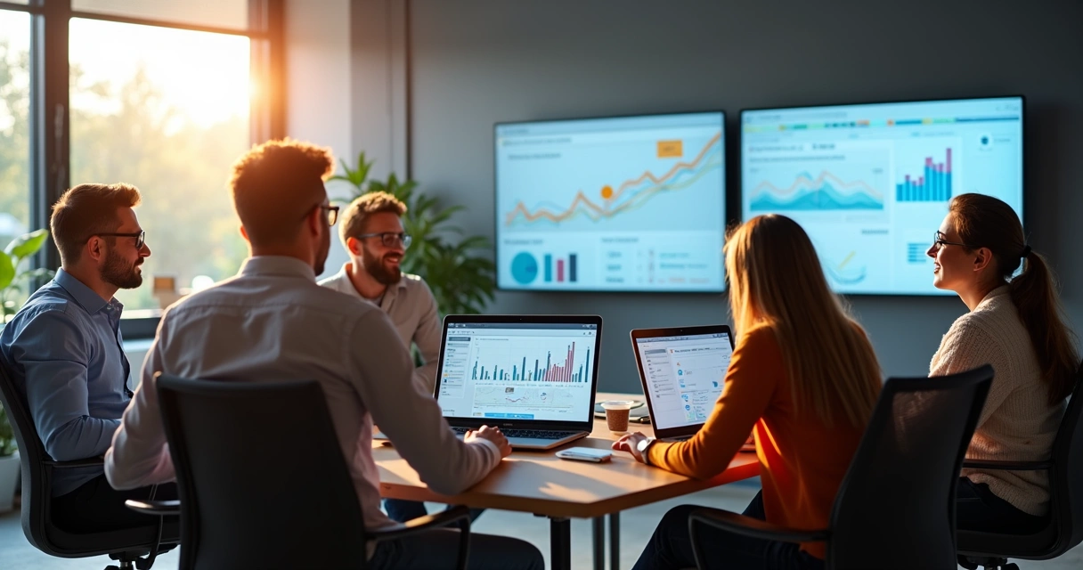 Equipe de marketing digital analisando painéis de dados em telas grandes 