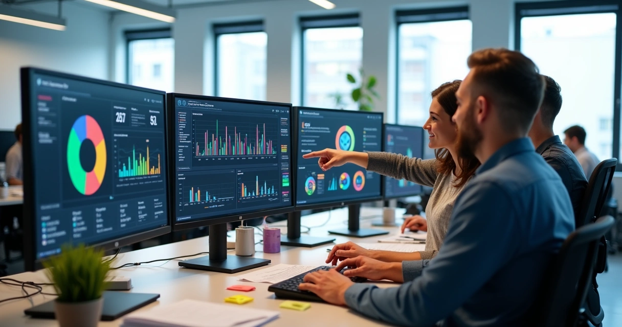 Equipe de escritório analisando dados em monitores 