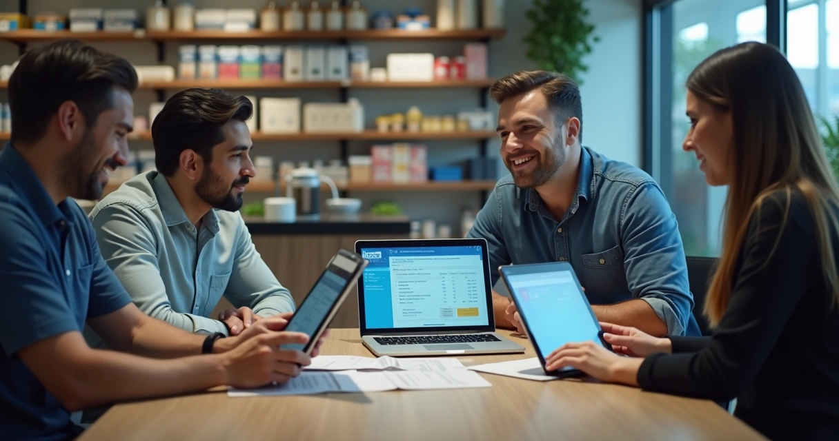Equipe analisando validação de pagamentos na loja 