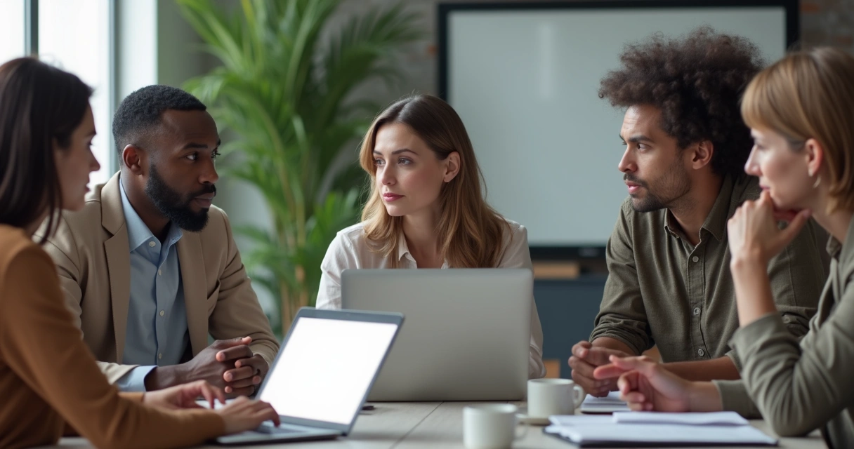 Equipe reunida dando feedback aberto ao gestor em sala moderna 