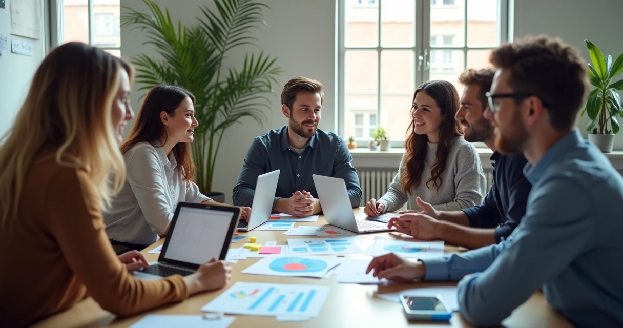 Equipe de agência reunida em brainstorm para estratégias de vendas