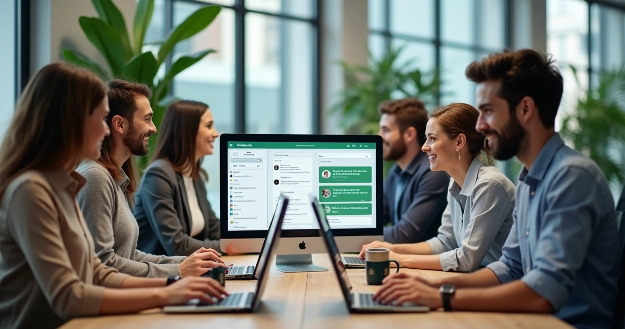 Equipe de atendimento da Devoficial atendendo juntos em escritórios modernos 