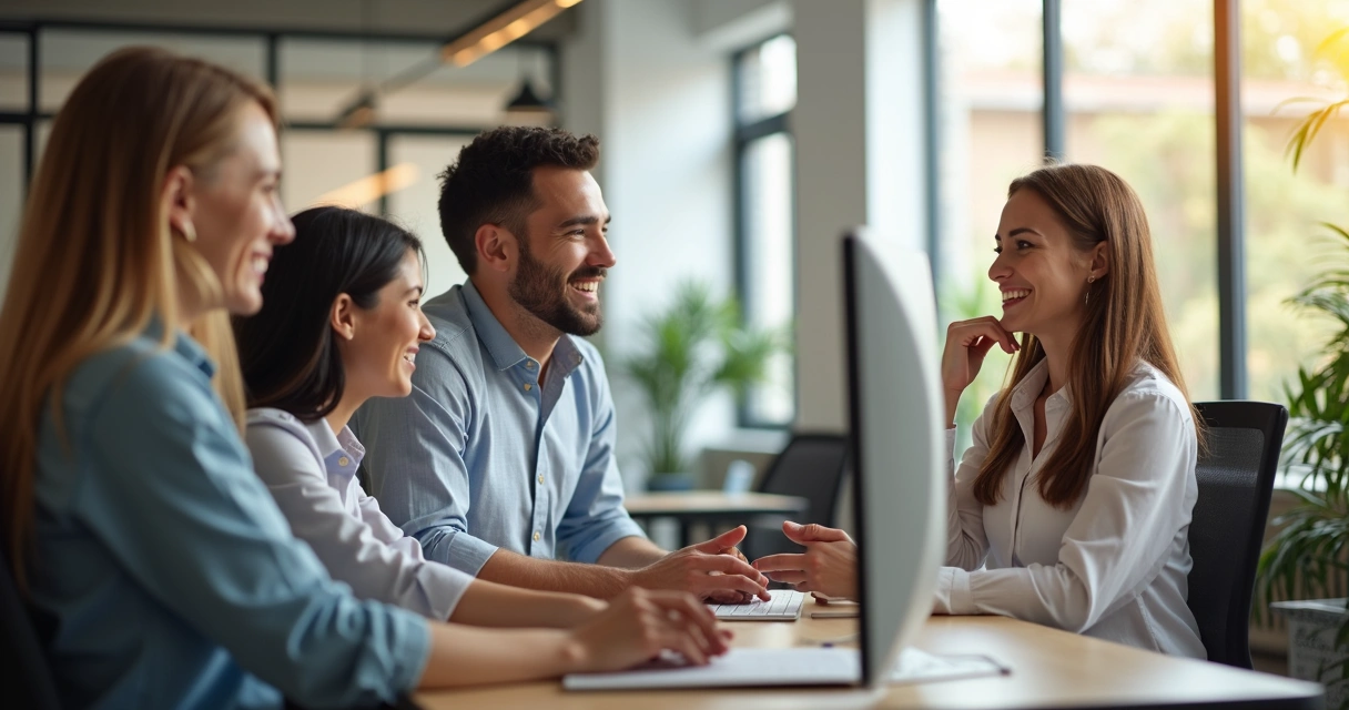 Equipe de atendimento sorrindo em ambiente iluminado 