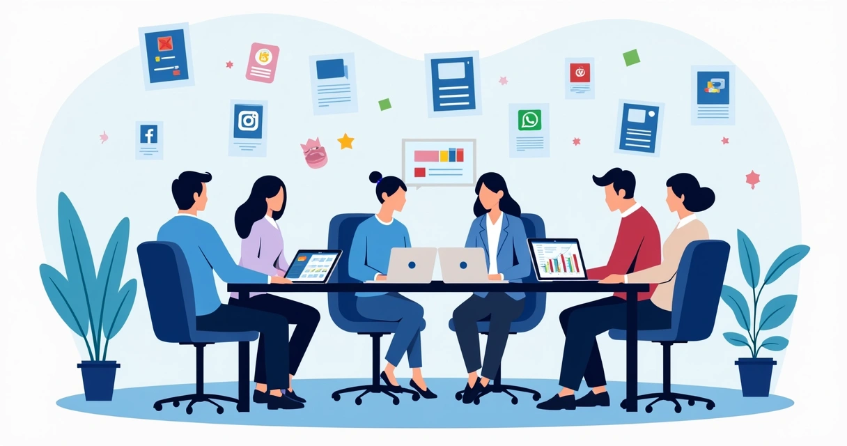 Equipe de campanha analisando gráficos em computadores e celulares