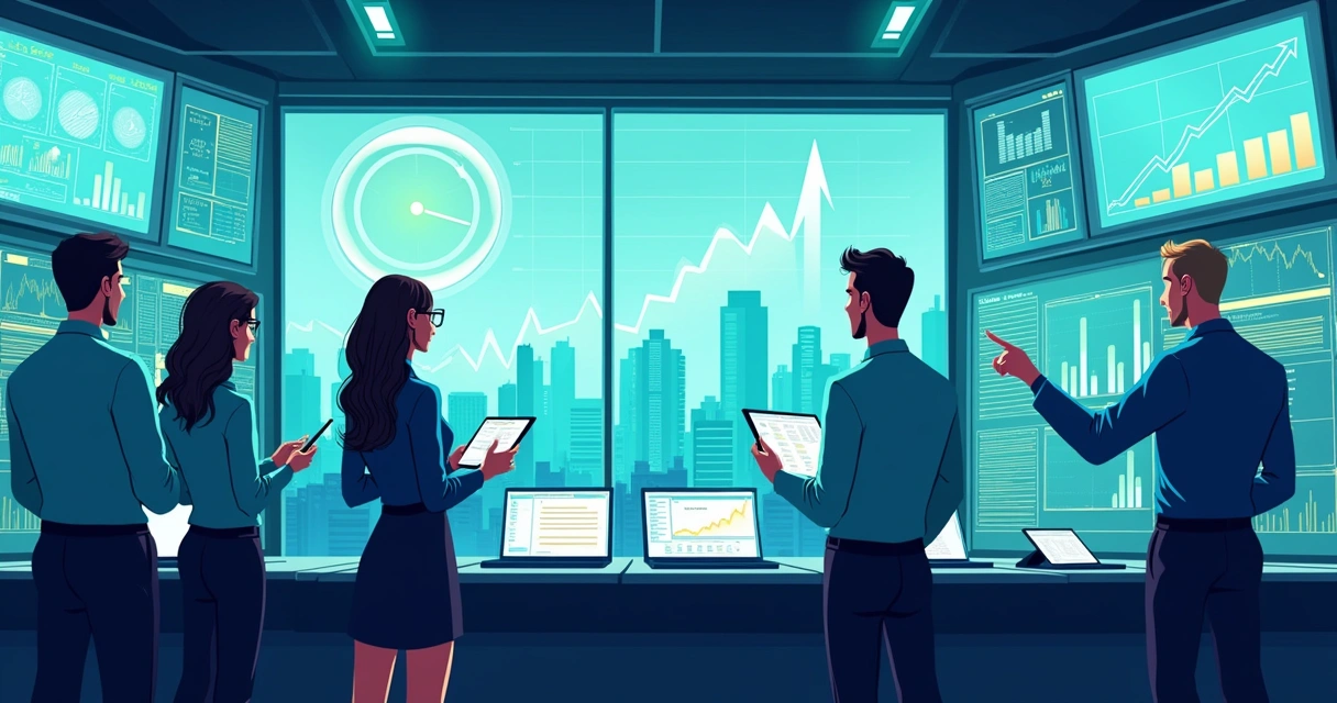 Grupo diverso em sala de controle moderna analisando dados e gráficos em tempo real.