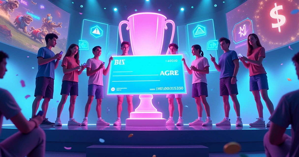 Equipe de e-sports recebendo premiação em evento digital 